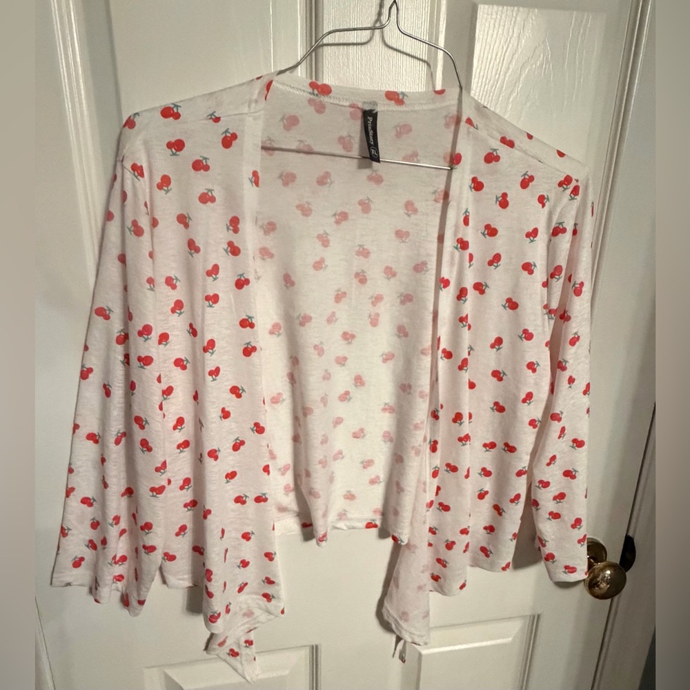PrinStory Lightweight White Cherry Print Open Self Tie Front Cardigan, XL